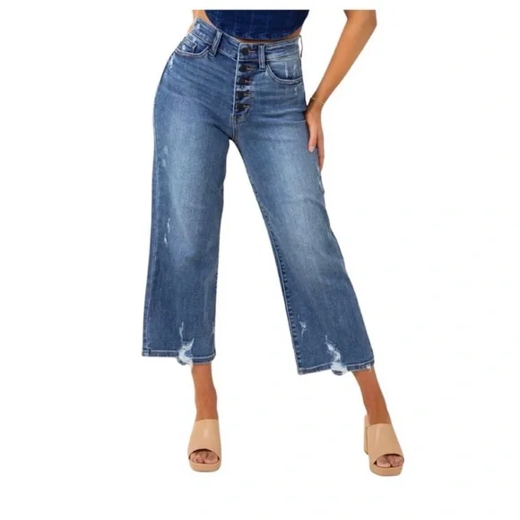 JUDY BLUE Button Fly Wide Leg Crop Jeans - Picture 4 of 9